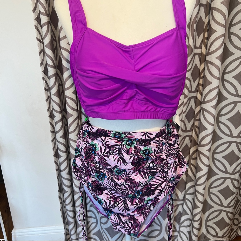 Purple Bikini  with High Waisted Floral Bottoms with ruching size 20 NWT